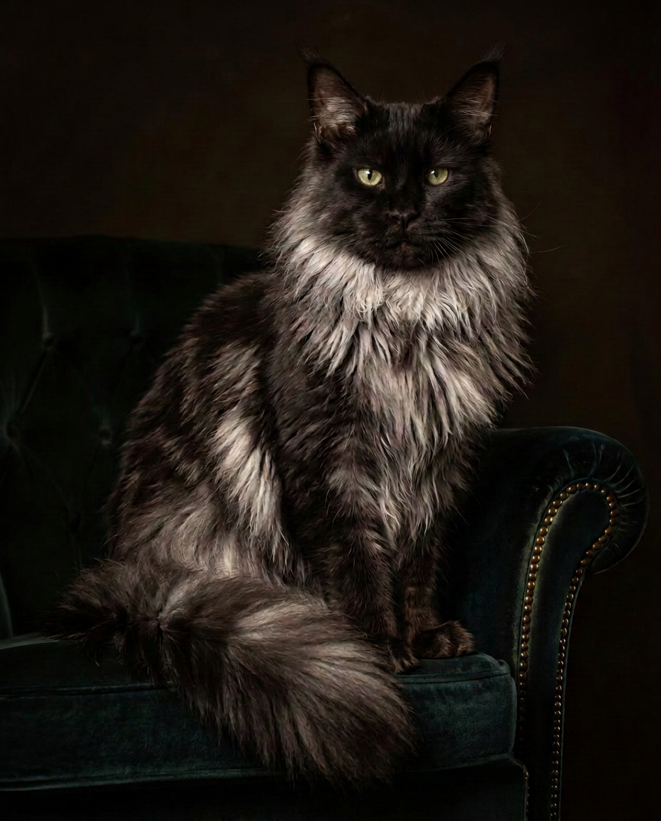 Black smoke Maine Coon with hazel-green eyes on a velvet chair